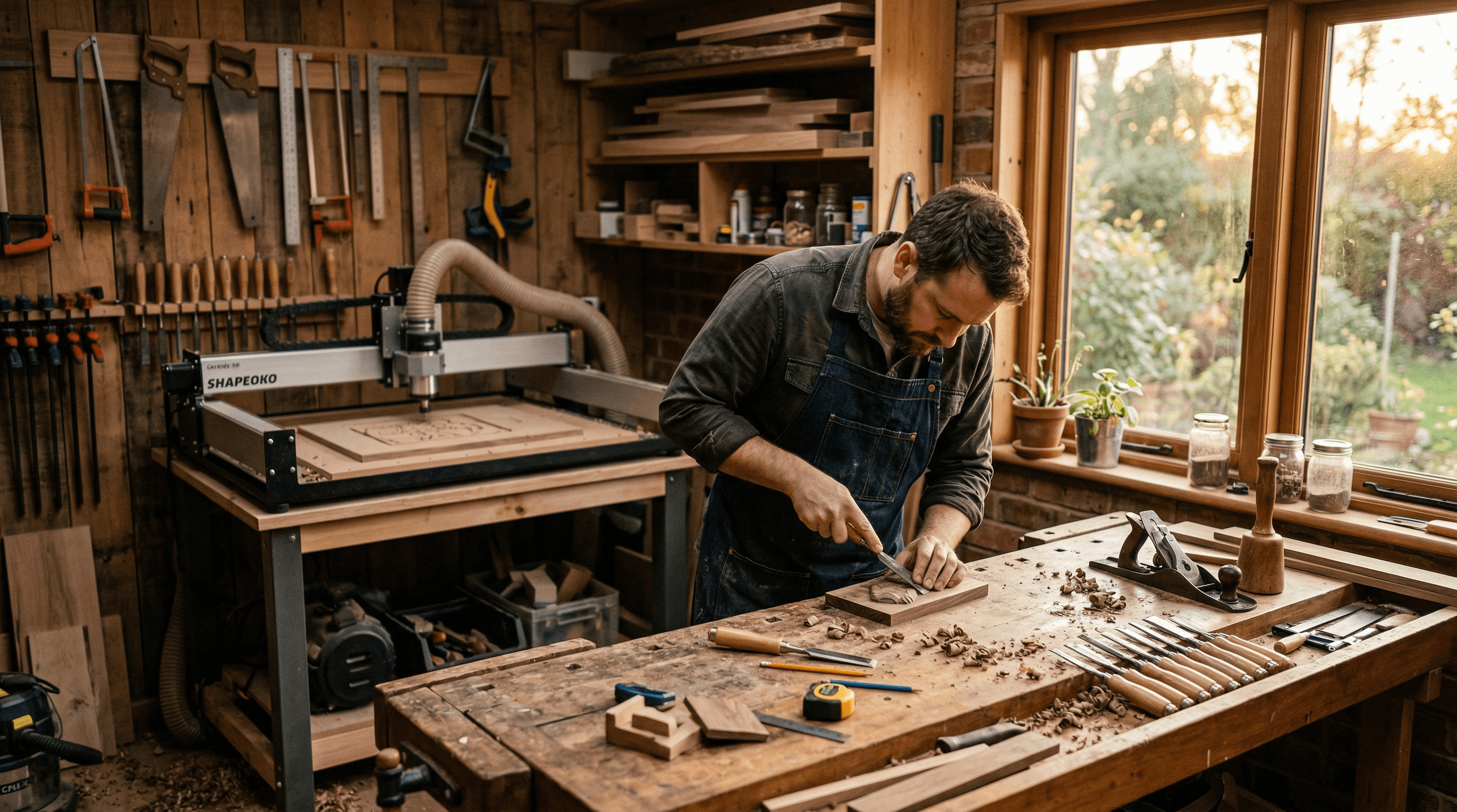 Craftsman workshop with CNC machine and woodworking tools
