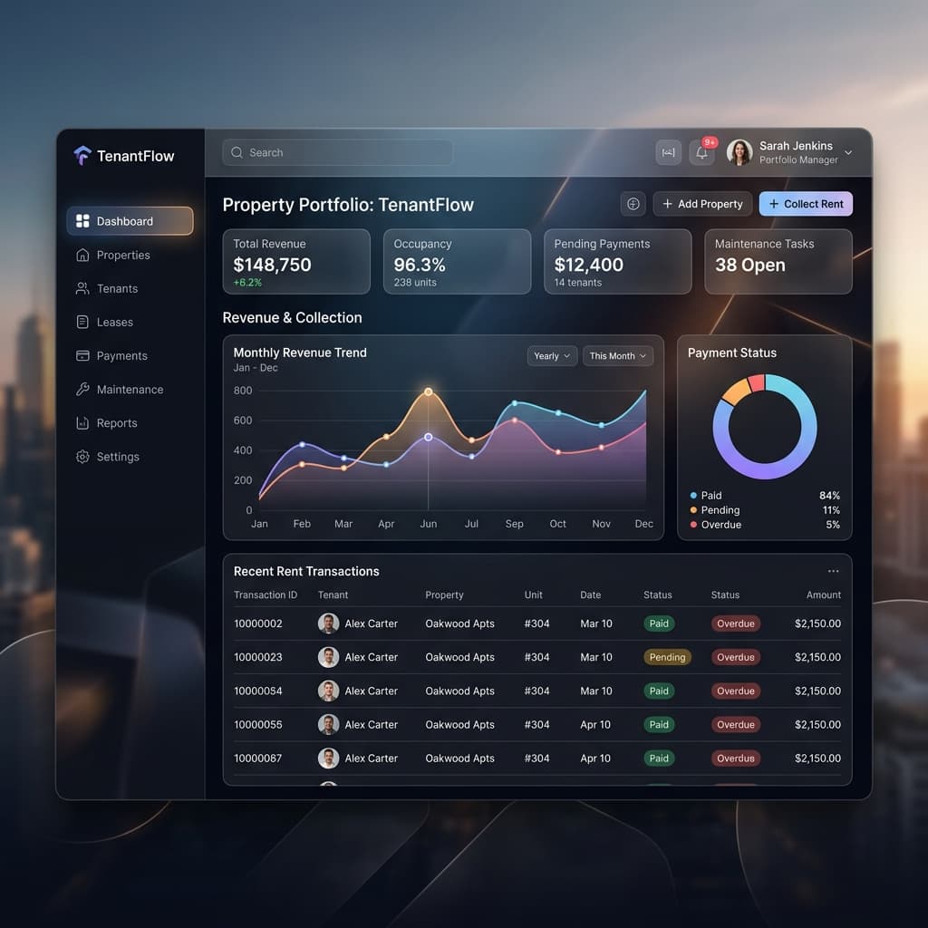 Premium SaaS dashboard interface for property management and rent tracking