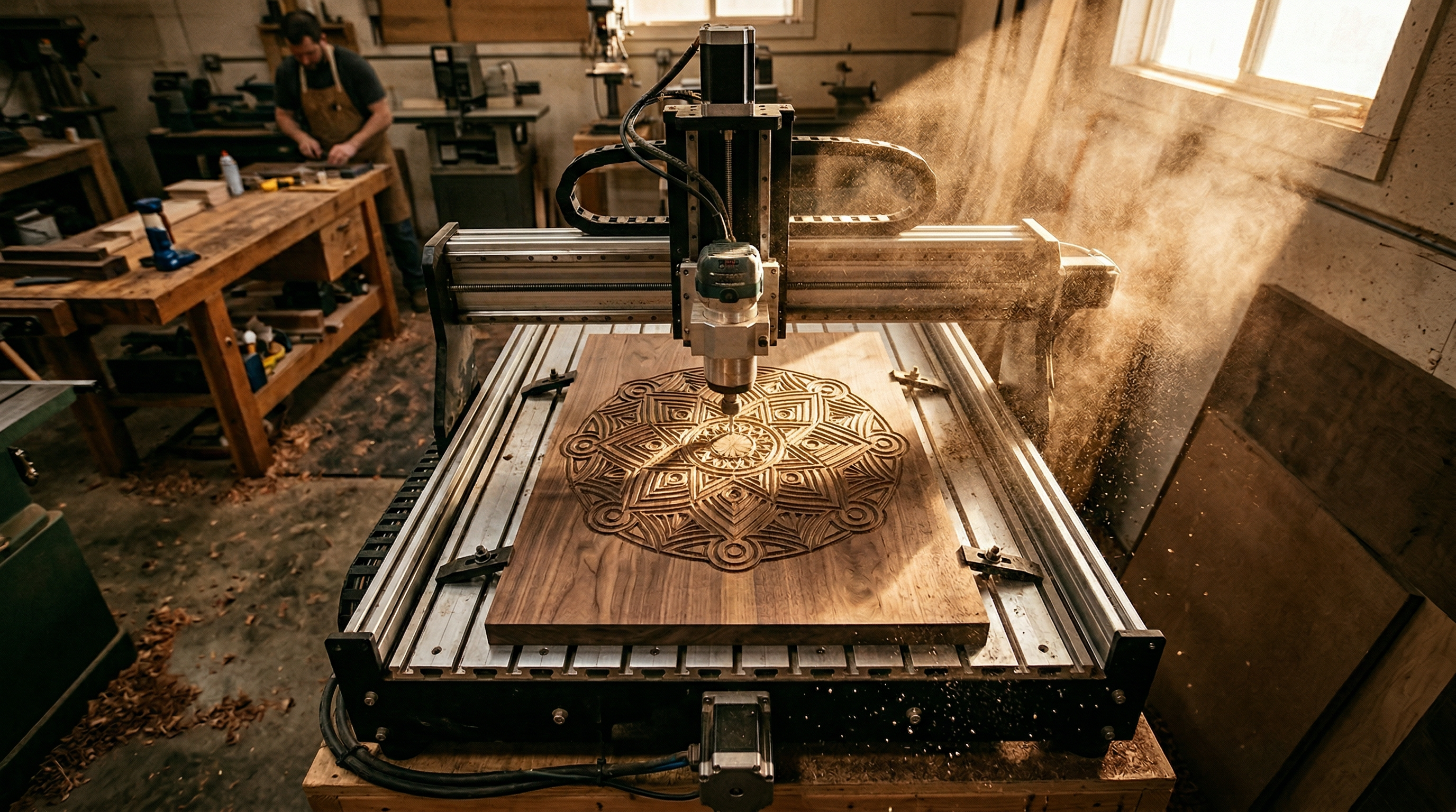 CNC machine carving intricate design in solid wood