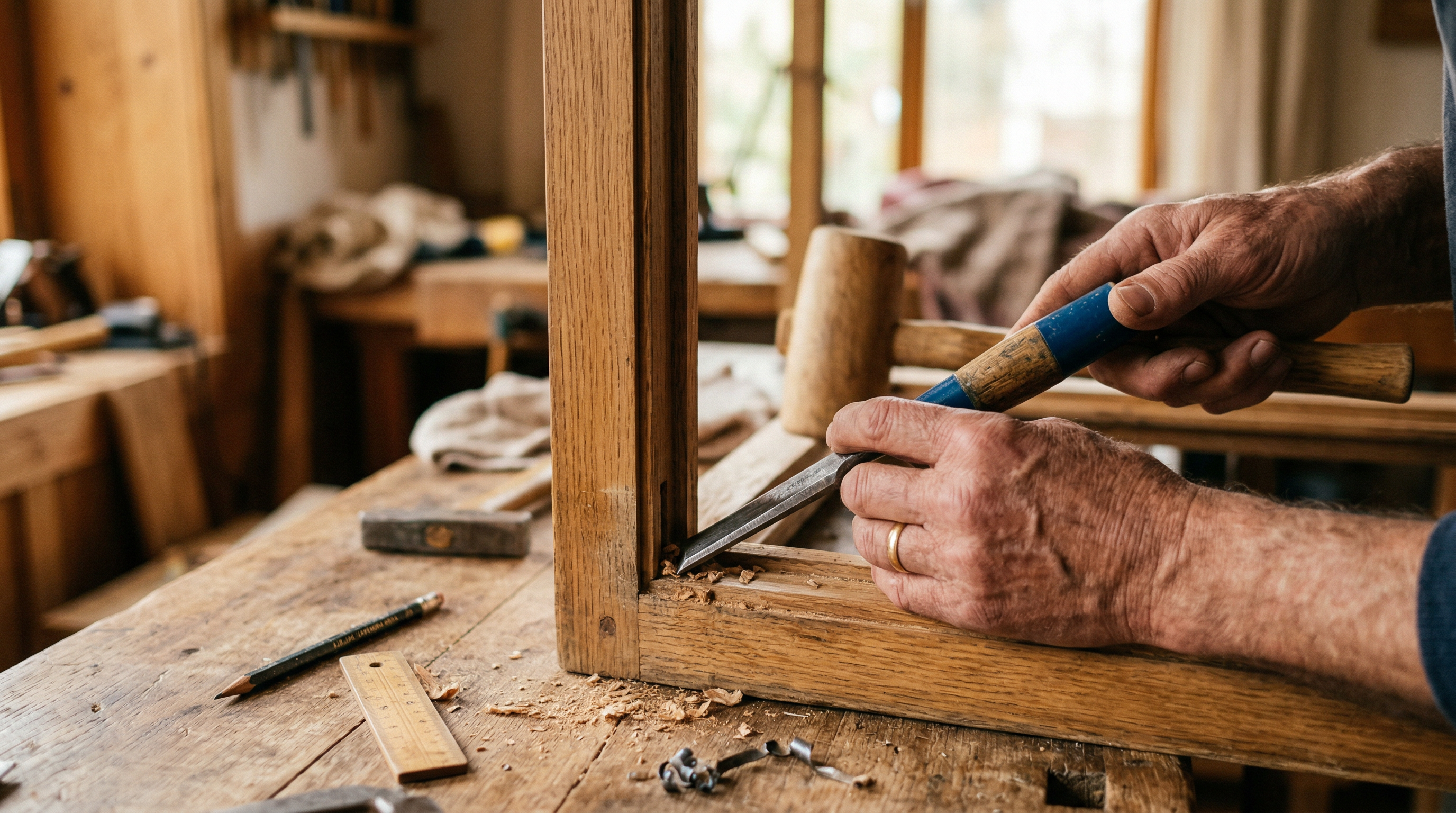 Skilled hands performing precision woodworking repair