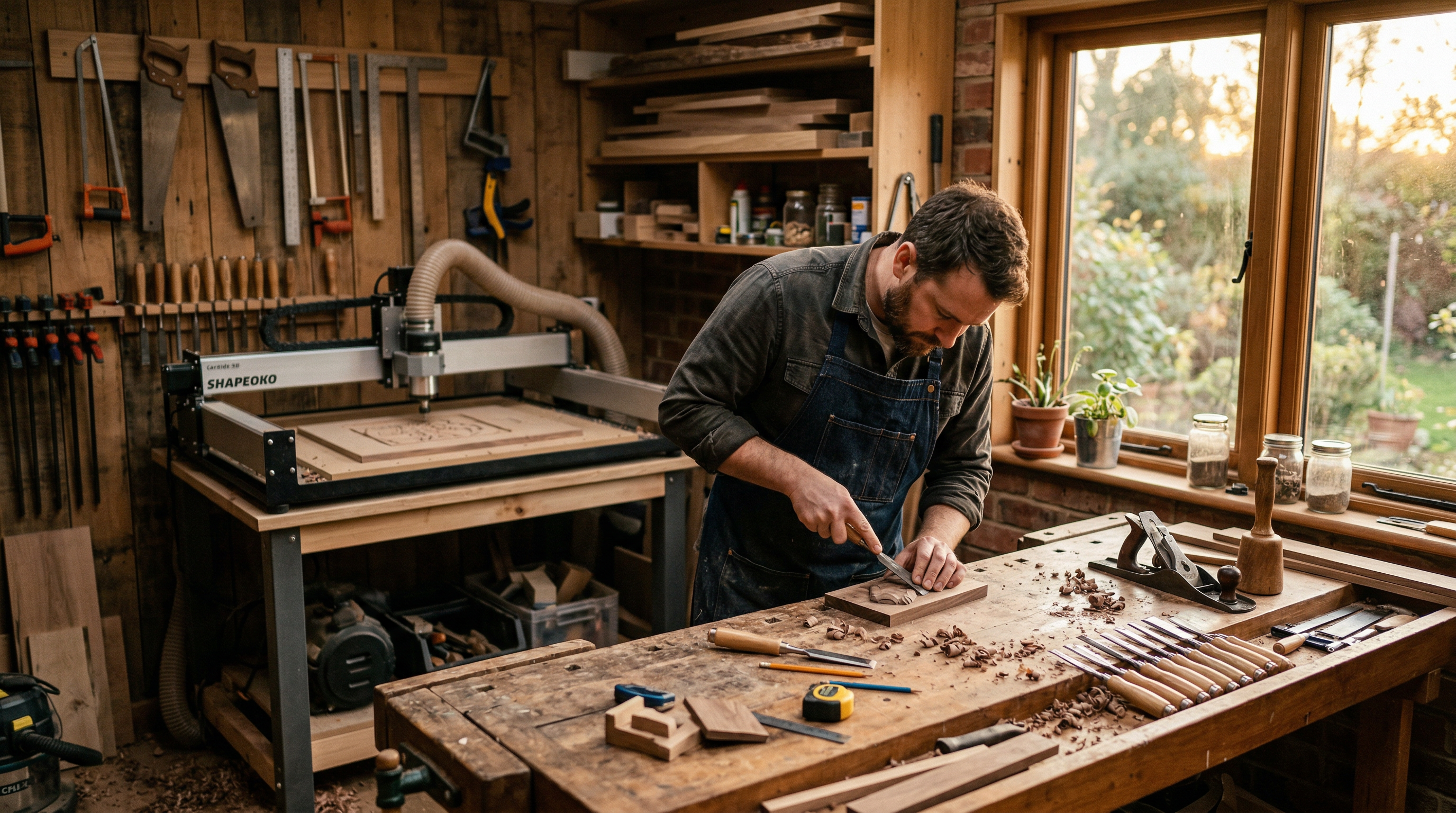 Craftsman workshop with CNC machine and woodworking tools