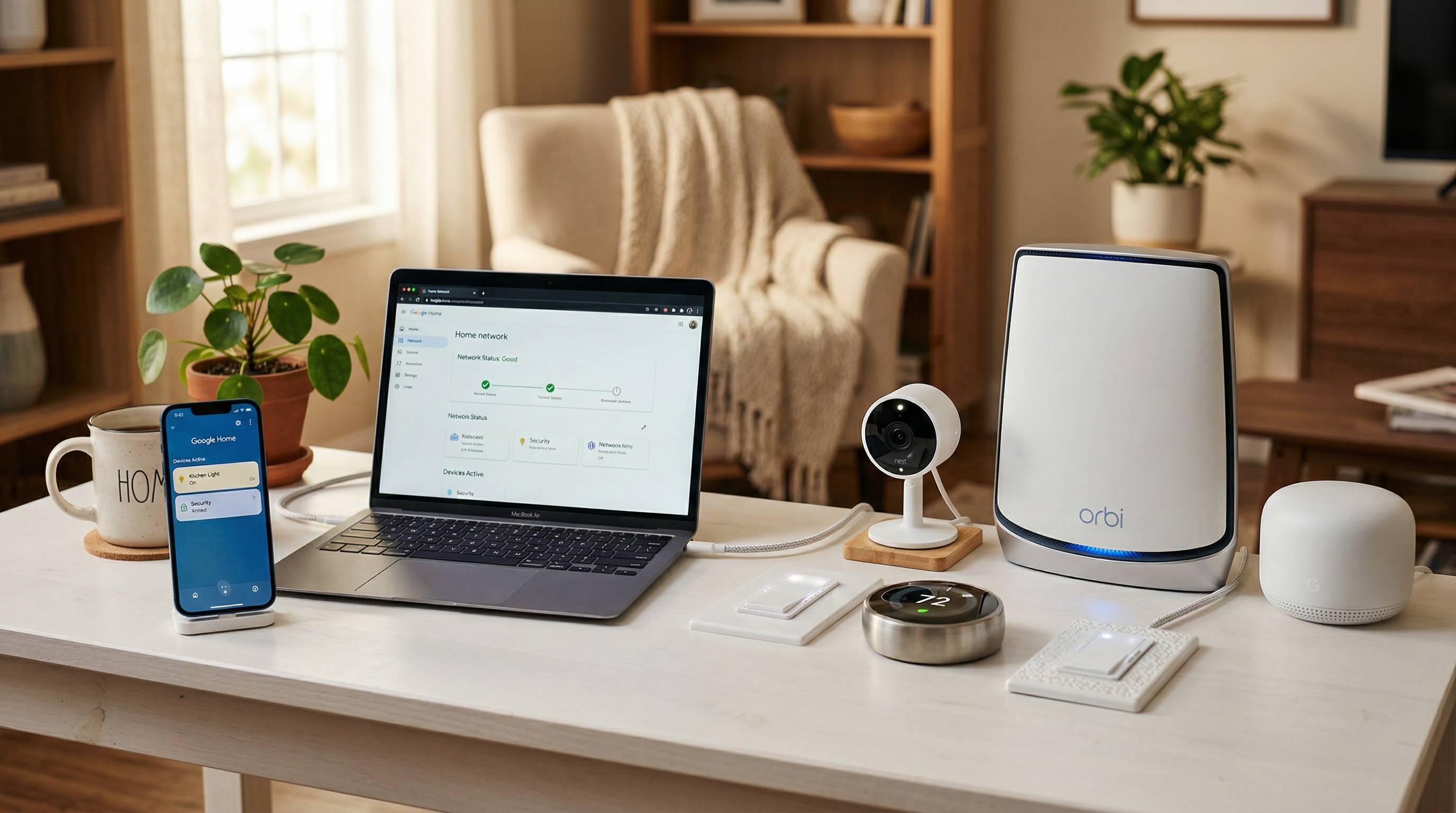 Smart home devices including camera, router, and thermostat